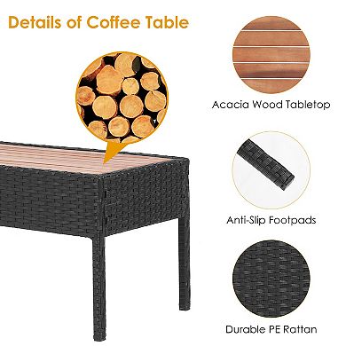 4 Pieces Patio Rattan Cushioned Furniture Set With Wooden Tabletop