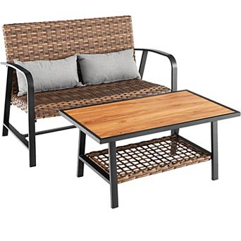2 pc Patio Rattan Coffee Table Set With Shelf And Quick Dry Cushion