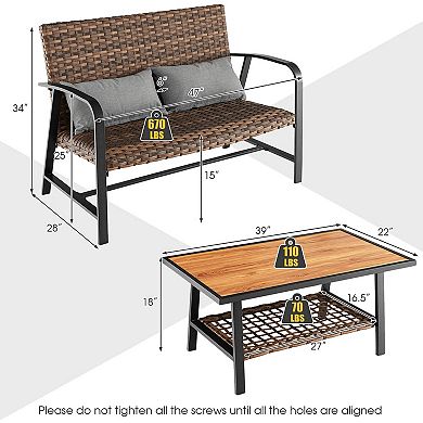 2 Pieces Patio Rattan Coffee Table Set With Shelf And Quick Dry Cushion