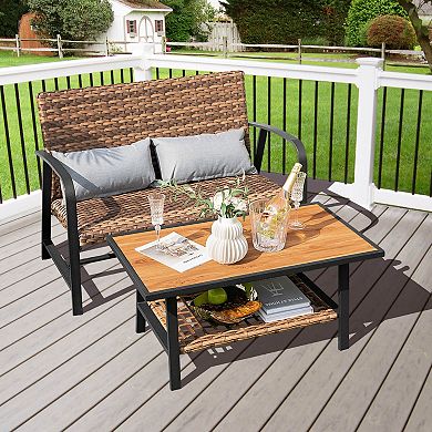 2 Pieces Patio Rattan Coffee Table Set With Shelf And Quick Dry Cushion