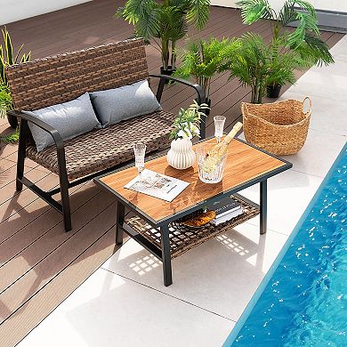 2 Pieces Patio Rattan Coffee Table Set With Shelf And Quick Dry Cushion
