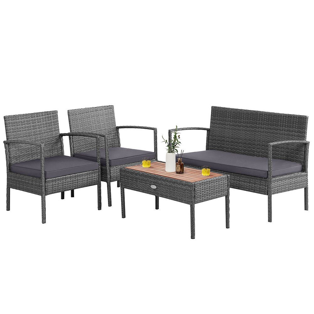 4 Piece Patio Conversation Set with Cushions and Acacia Wood Table