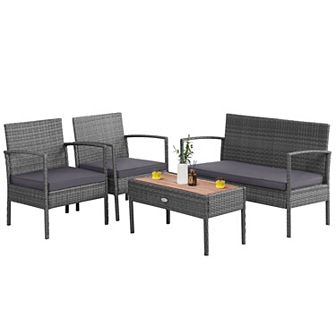 4 pc Rattan Patio Conversation Furniture Set With Acacia Wood Tabletop