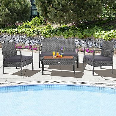 4 Piece Patio Conversation Set with Cushions and Acacia Wood Table