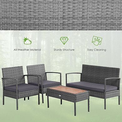 4 Piece Patio Conversation Set with Cushions and Acacia Wood Table