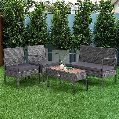 4 Piece Patio Conversation Set with Cushions and Acacia Wood Table