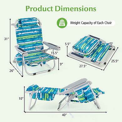 Foldable Backpack Beach Chair With Cup Holder And Storage Pockets For Outdoor-blue And Green