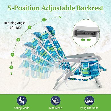 Foldable Backpack Beach Chair With Cup Holder And Storage Pockets For Outdoor-blue And Green