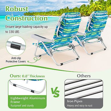 Foldable Backpack Beach Chair With Cup Holder And Storage Pockets For Outdoor-blue And Green