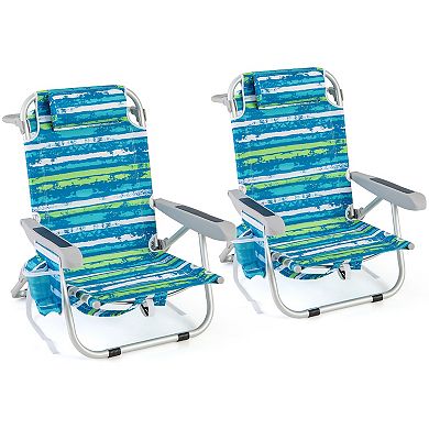 Foldable Backpack Beach Chair With Cup Holder And Storage Pockets For Outdoor-blue And Green