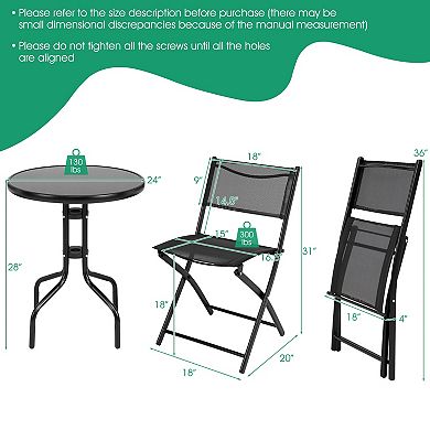 3 Pieces Folding Bistro Table Chairs Set For Indoor And Outdoor