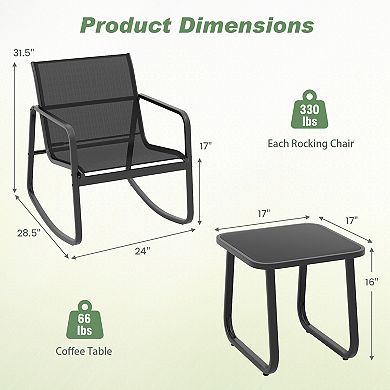 Patio Rocking Bistro Set with Glass Top Table for Porch Balcony