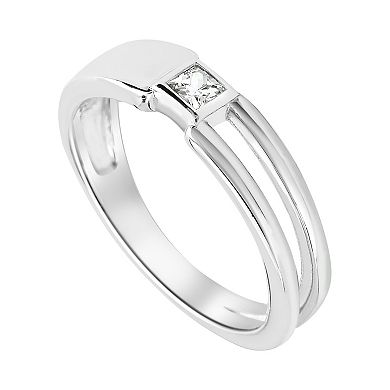SIRI Sterling Silver Rhodium-Plated Geometric Band Ring with Square Cubic Zirconia