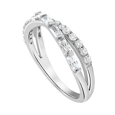 SIRI Rhodium-Plated Sterling Silver Cubic Zirconia Ring with Chevron Band Design
