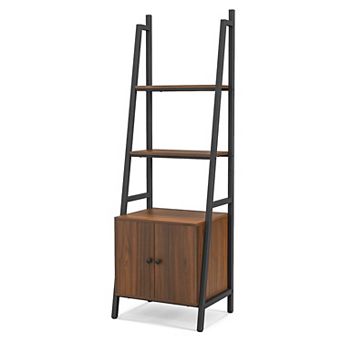 4 tier Rustic Ladder Shelf With Cabinet And Metal Frame-brown