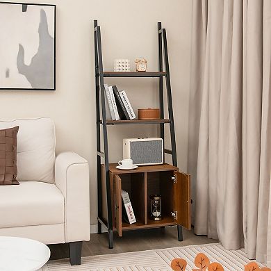 4-tier Rustic Ladder Shelf With Cabinet And Metal Frame-brown
