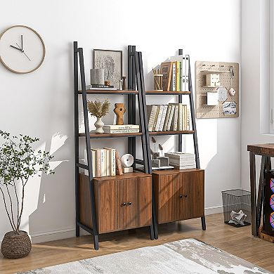 4-tier Rustic Ladder Shelf With Cabinet And Metal Frame-brown