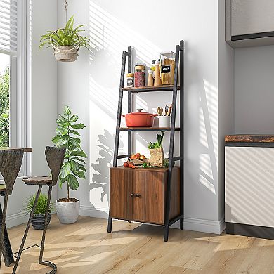 4-tier Rustic Ladder Shelf With Cabinet And Metal Frame-brown
