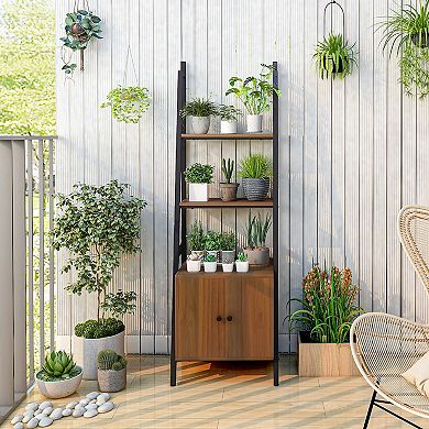 4-tier Rustic Ladder Shelf With Cabinet And Metal Frame-brown