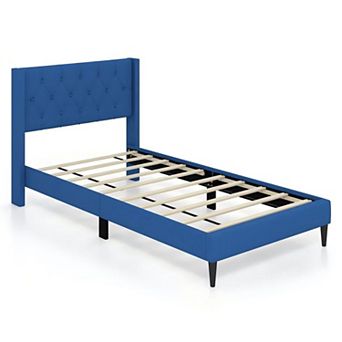 Blue Twin Size Upholstered Platform Bed With Button Tufted Wingback Headboard