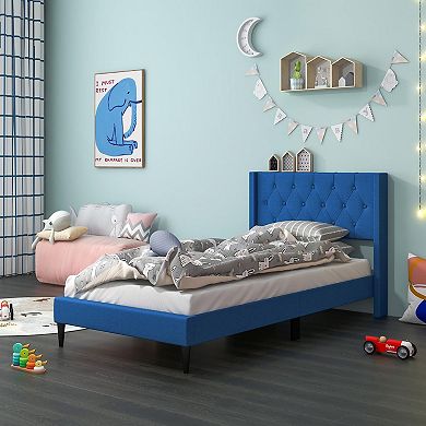 Blue Twin Size Upholstered Platform Bed With Button Tufted Wingback Headboard