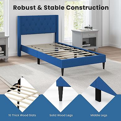 Blue Twin Size Upholstered Platform Bed With Button Tufted Wingback Headboard