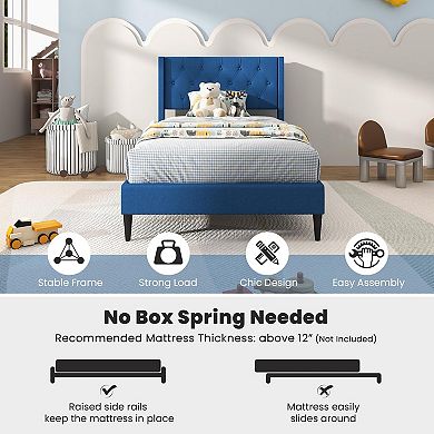 Blue Twin Size Upholstered Platform Bed With Button Tufted Wingback Headboard