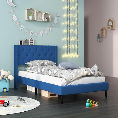 Blue Twin Size Upholstered Platform Bed With Button Tufted Wingback Headboard