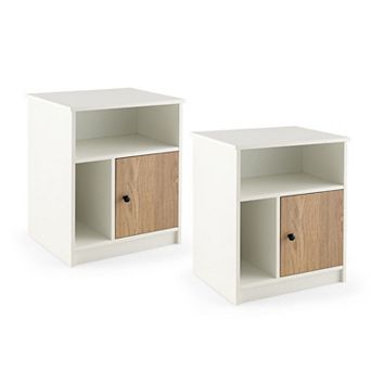 Set Of 2 Tall Nightstands With Door And Open Shelves-white