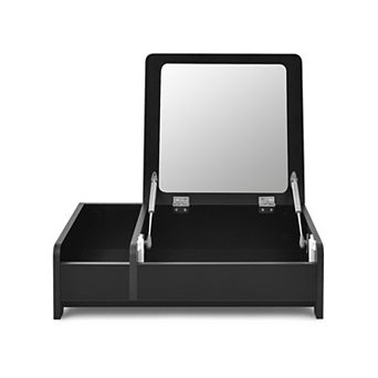 Compact Black Bay Window Vanity Table With Flip-top Mirror