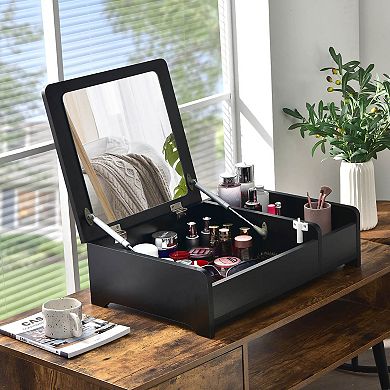 Compact Black Bay Window Vanity Table With Flip-top Mirror