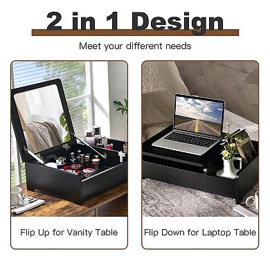 Compact Black Bay Window Vanity Table With Flip-top Mirror