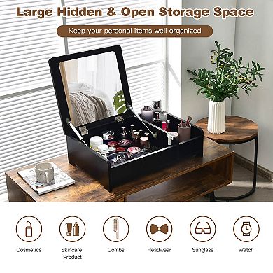 Compact Black Bay Window Vanity Table With Flip-top Mirror