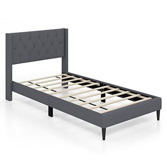 Gray Twin Size Upholstered Platform Bed With Button Tufted Wingback Headboard
