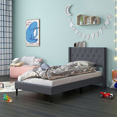 Gray Twin Size Upholstered Platform Bed With Button Tufted Wingback Headboard