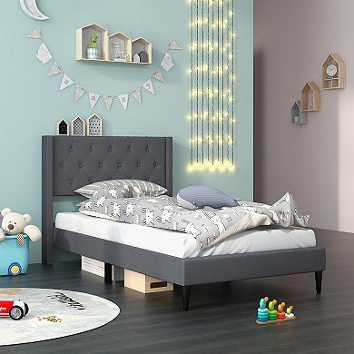 Gray Twin Size Upholstered Platform Bed With Button Tufted Wingback Headboard