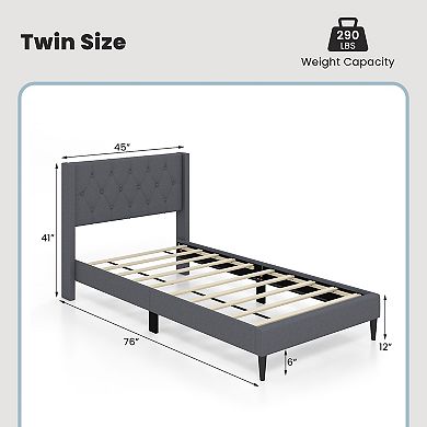 Gray Twin Size Upholstered Platform Bed With Button Tufted Wingback Headboard