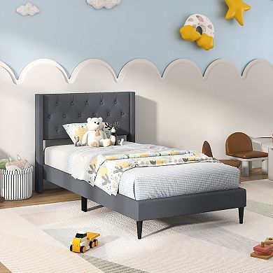 Gray Twin Size Upholstered Platform Bed With Button Tufted Wingback Headboard