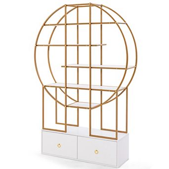 71-inch 6 tier Gold Bookshelf With 2 Storage Drawers-golden