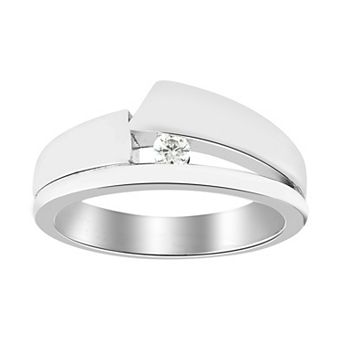 SIRI Sterling Silver Rhodium-Plated Contemporary Band Ring with Diagonal Cubic Zirconia