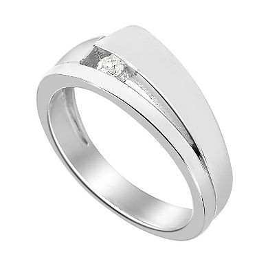 SIRI Sterling Silver Rhodium-Plated Contemporary Band Ring with Diagonal Cubic Zirconia