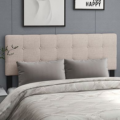 Beige Linen Upholstered Headboard With Solid Rubberwood Legs