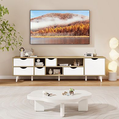 Tv Stand For Tvs Up To 65” Television Cabinet W/ 5 Drawers & 3 Open Shelves-oak