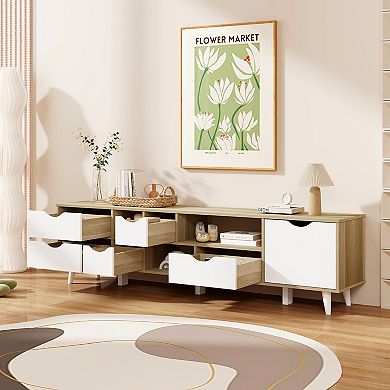 Tv Stand For Tvs Up To 65” Television Cabinet W/ 5 Drawers & 3 Open Shelves-oak