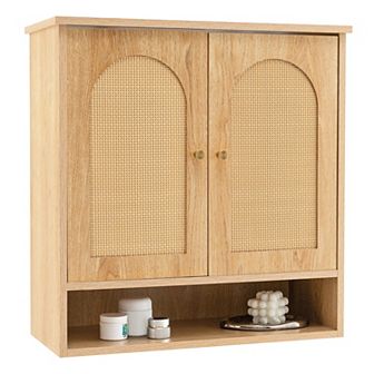 Medicine Cabinet With 2 Rattan Doors For Laundry Room Kitchen Entryway-natural