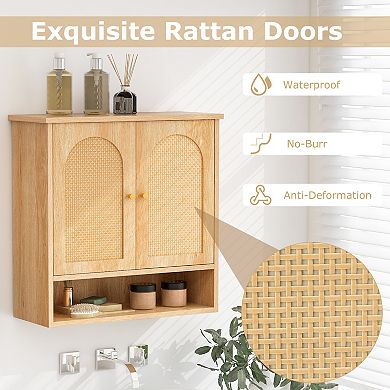Medicine Cabinet With 2 Rattan Doors For Laundry Room Kitchen Entryway-natural