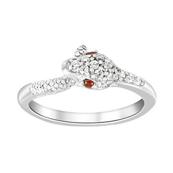 SIRI Sterling Silver Rhodium-Plated White Cubic Zirconia and Garnet Serpent Ring with Red Garnet Eyes