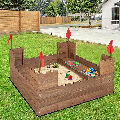 Kids Wooden Sandbox With Bottom Liner And Red Flags
