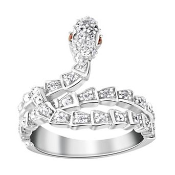 SIRI Sterling Silver Rhodium-Plated White Cubic Zirconia and Garnet Wrap Serpent Ring with Intricate Detailing