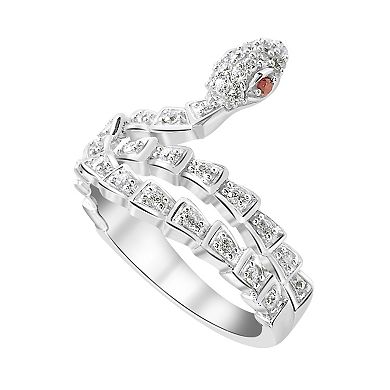 SIRI Sterling Silver Rhodium-Plated White Cubic Zirconia and Garnet Wrap Serpent Ring with Intricate Detailing